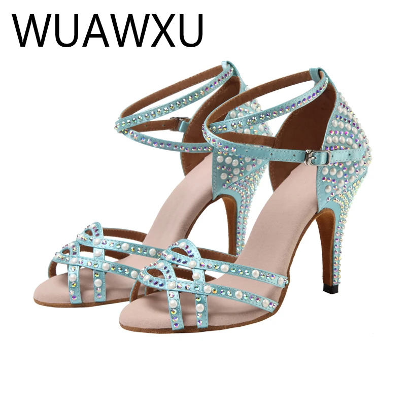 Women's party dancing shoes Women's satin shiny rhinestone soft soled Latin dancing shoes Women's salsa dancing shoes Heels 5CM-