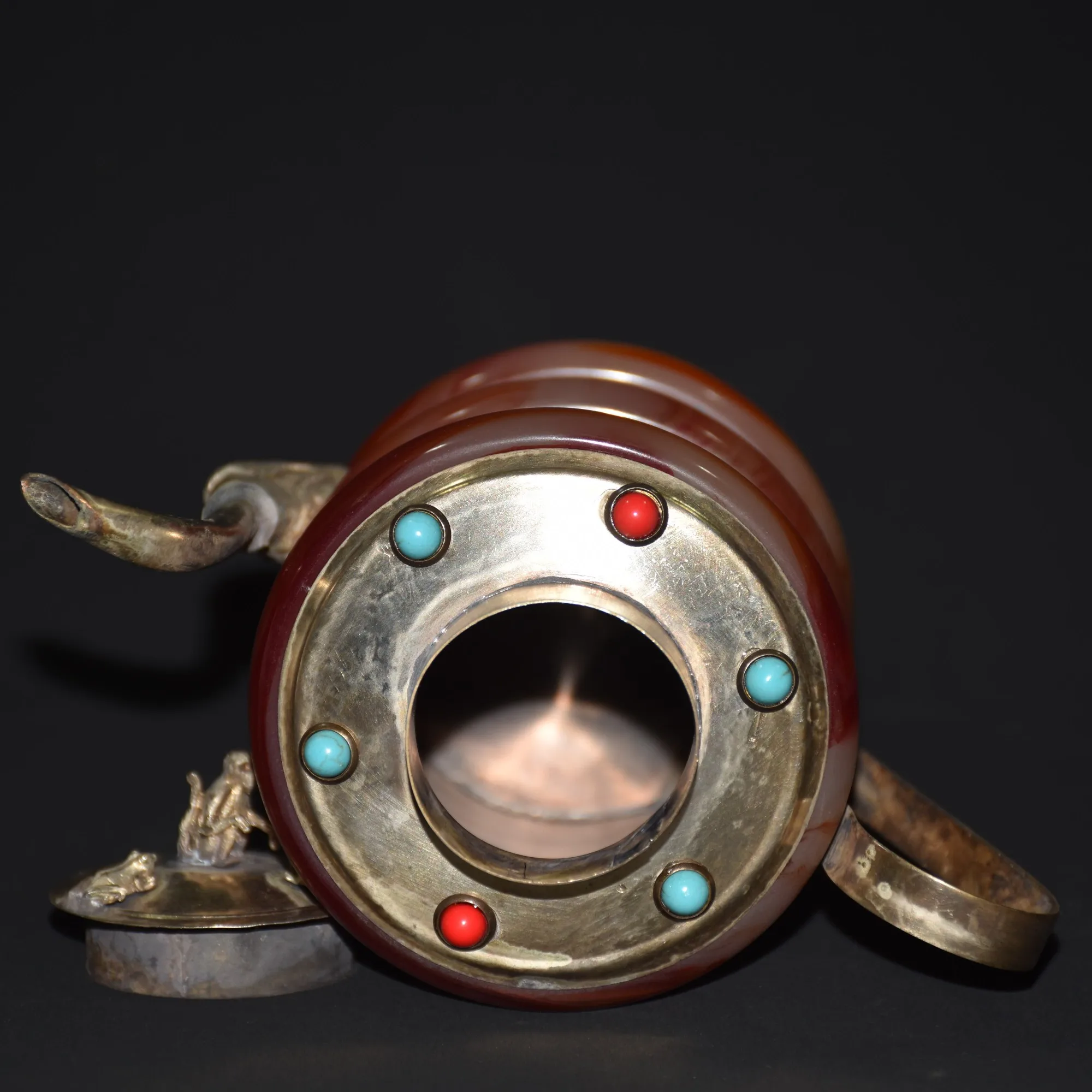 Old Chinese tibet silver inlay red jade handcarved dragon pots wine pot 5