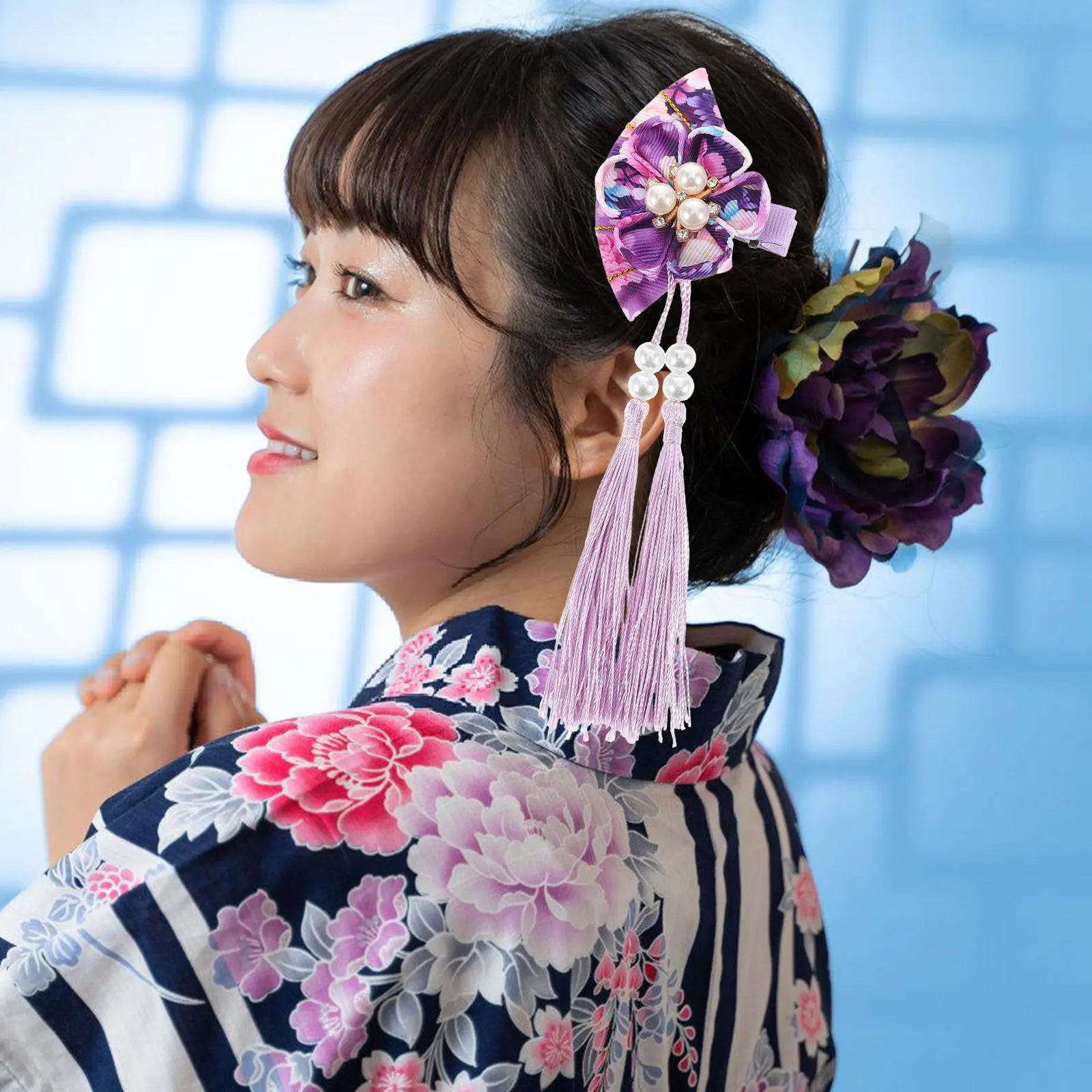 태슬 팬 헤어 클립 일본식 바레트 여성용 소녀용 금속 패브릭 헤어 장식 기모노 한푸에 이상적 우아한 헤어 장식