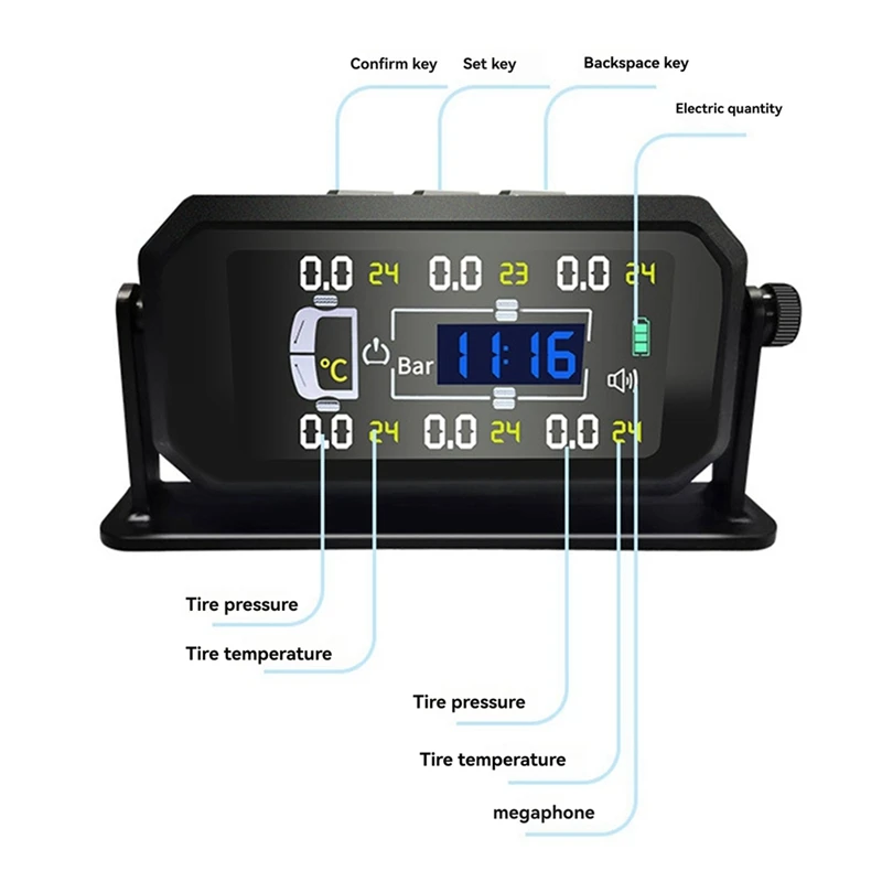 A14U-Car RV Truck TPMS 6 Wheels Sensor Solar Tire Pressure Monitoring System Temperature Clock Air Pressure Display Alarm