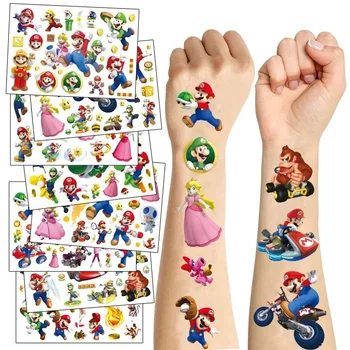 8pcs Super Mario Bros Tattoo Stickers Anime Figure Luigi Yoshi Waterproof Cosplay Sticker Kids Toys Halloween Party Accessories