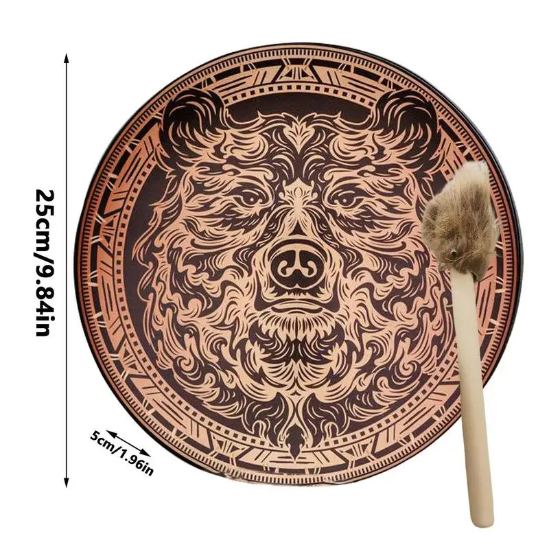 Shamanic Drum 10 Inches Circle Hand Drum With Bear Pattern Small Instruments With Drumstick For Women Men Boys Girls Adults