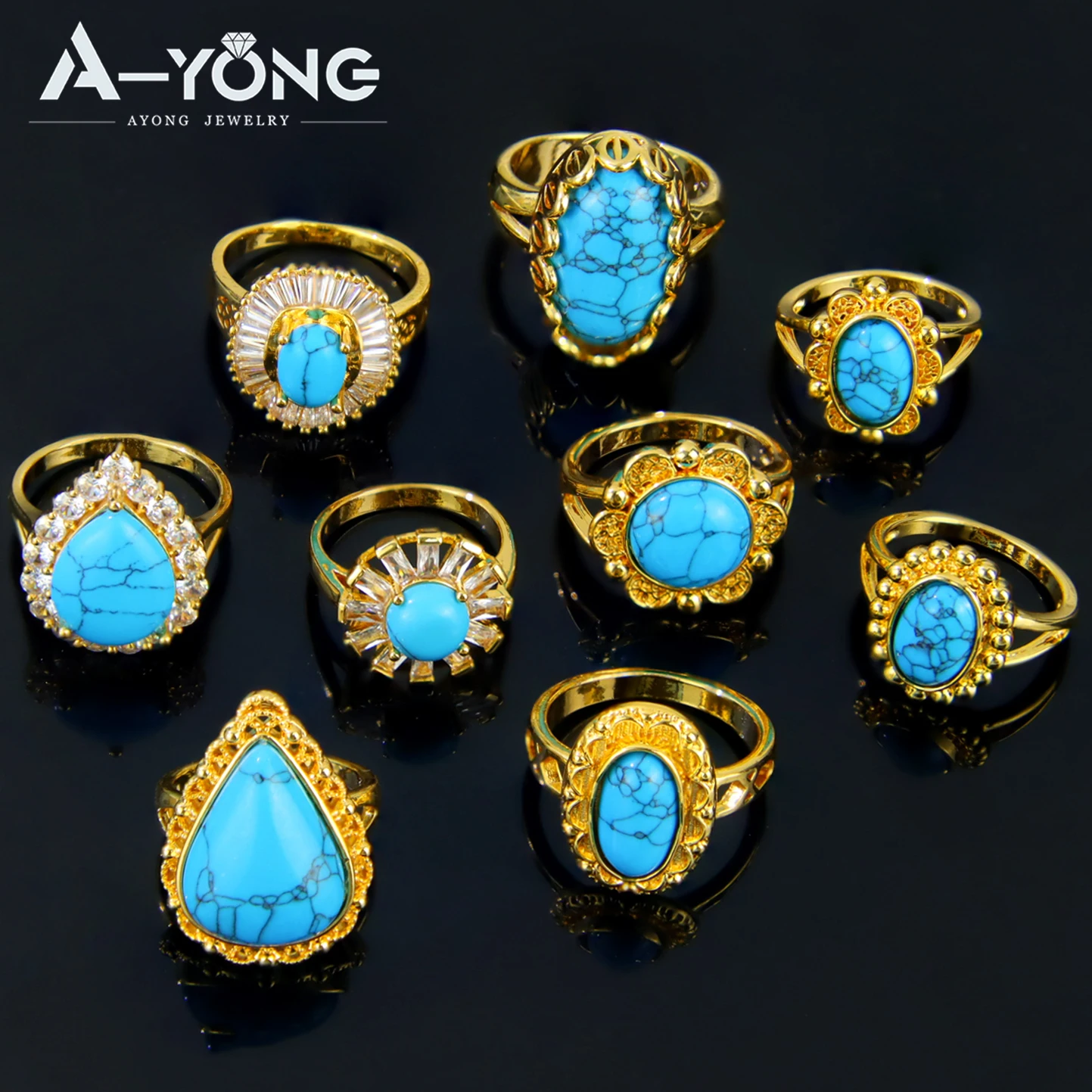 Dubai Gold Farbe Ring 21k vergoldet italienische Vintage Türkis Ringe arabische islamische Frauen Party Schmuck Geschenke