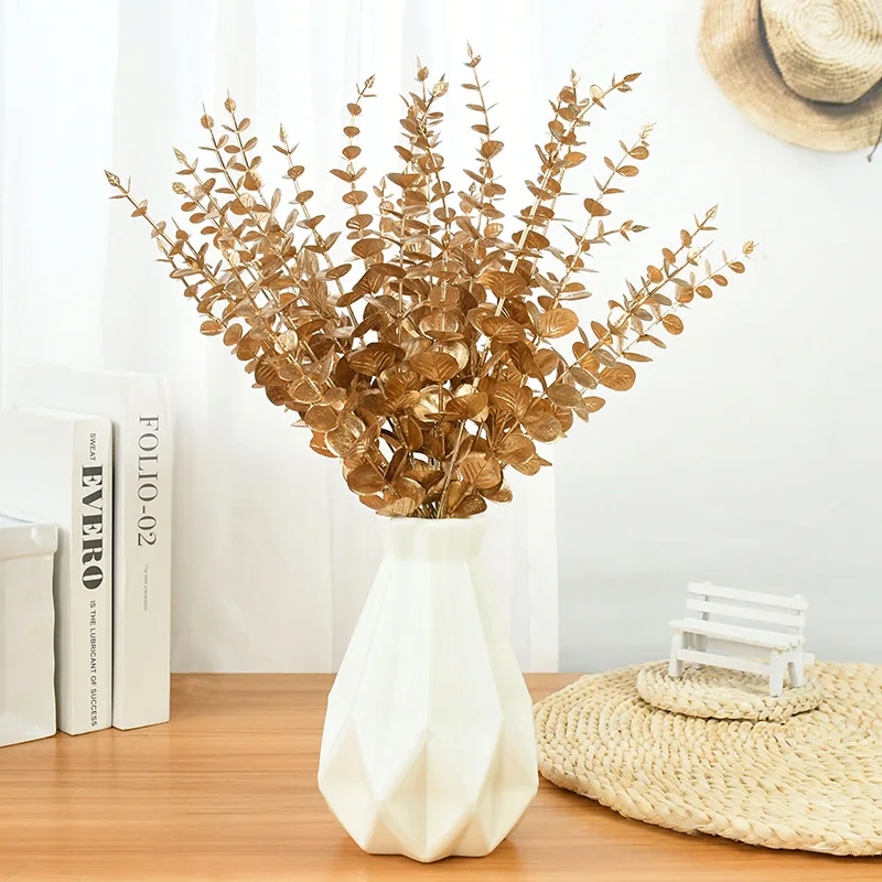 

10pcs Golden Artificial Flowers Eucalyptus Leaf Plastic Simulation Bouquet Leaves Fake Plant Home Wedding Christmas Party Decor