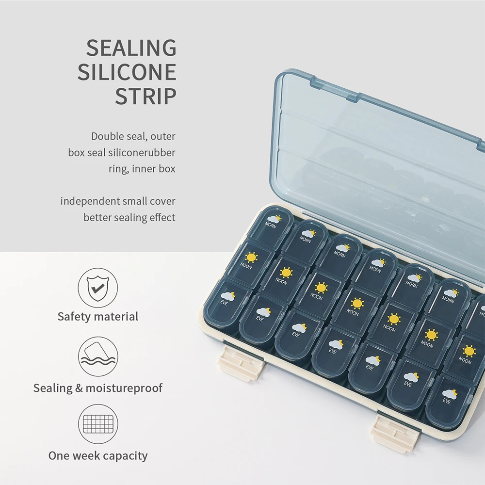 Weekly Pill Organizer 21/28 Grid Pills Case Container 7-Days Compartments for Tablet Vitamin Medicine Storage Moisture Resistant