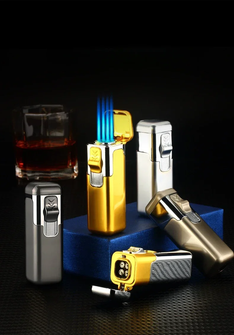 Description Picture 2 of itemCreative Strong Firepower Butane Gas Lighter Turbo 4 Torch Blue Flame High Pressure Jet Straight Cycle Cigar Lighter Men's Gift