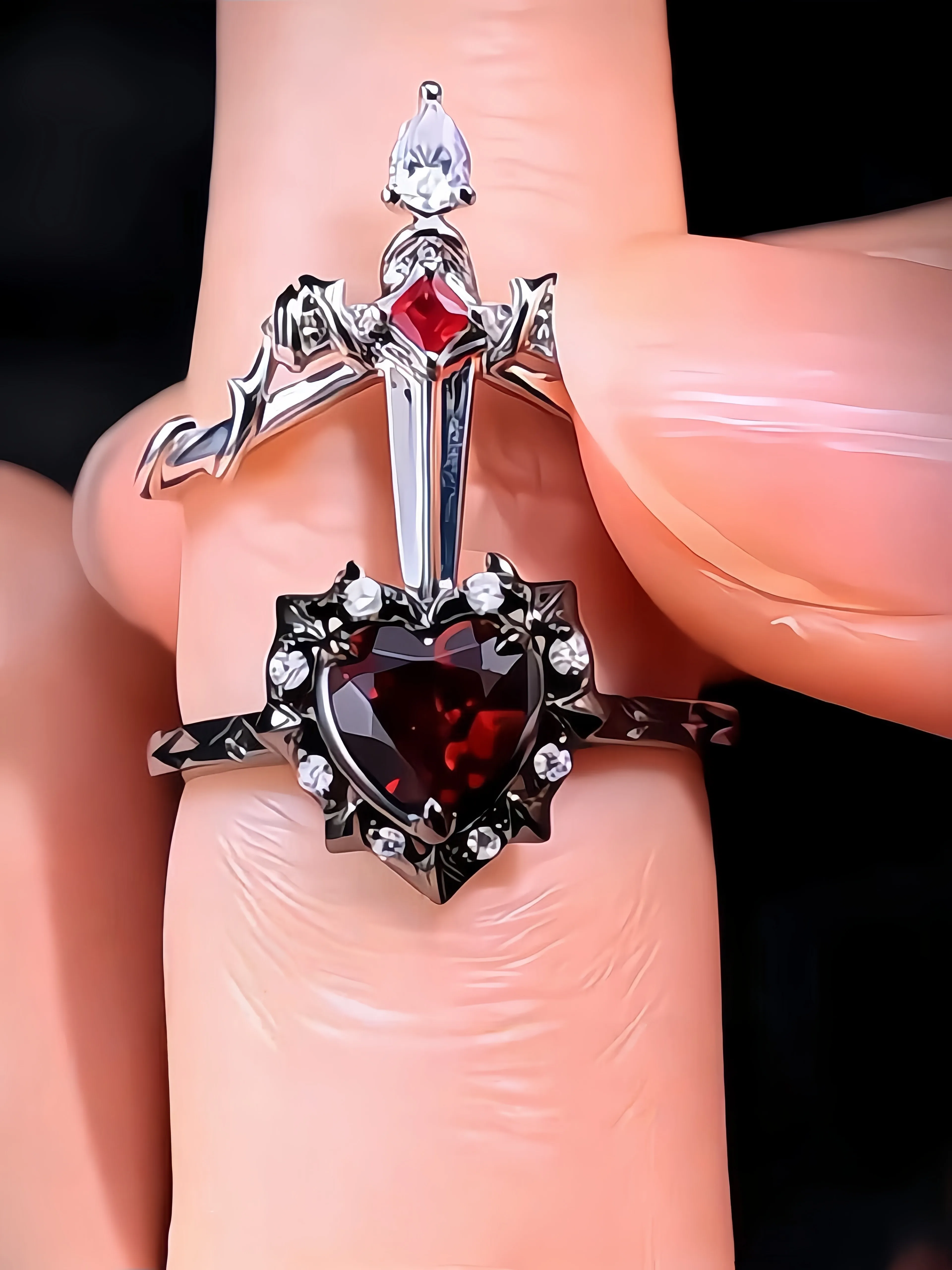 Anelli a Forma di Cuore e Spada Componibili per Donne e Uomini, Coppia, Colore Argento e Oro, Anello Aperto Regolabile, Gioielli alla Moda - immagine 2