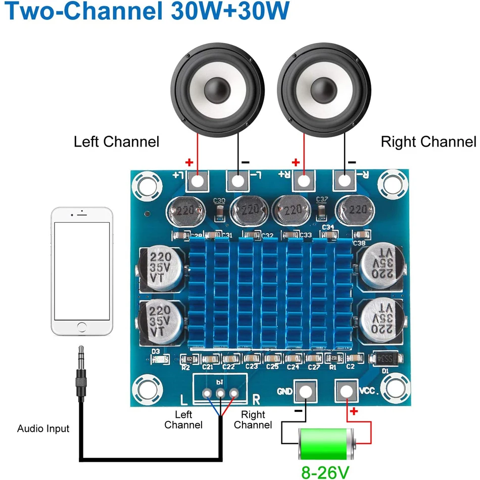 TPA3110 XH-A232 30W+30W 2.0 Channel Digital Stereo Audio Power Amplifier Board DC 8-26V 3A unisian tpa3110 audio amplifier class d hifi digital amplifier 30w 30w audio amplifier board diy for portable audio system