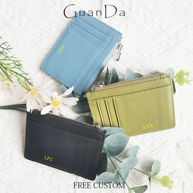 Custom Name Luxury Design Card Holder Fashion Zipper Genuine Leather Coin Purse Casual Wholesale Business Card Wallet For Woman