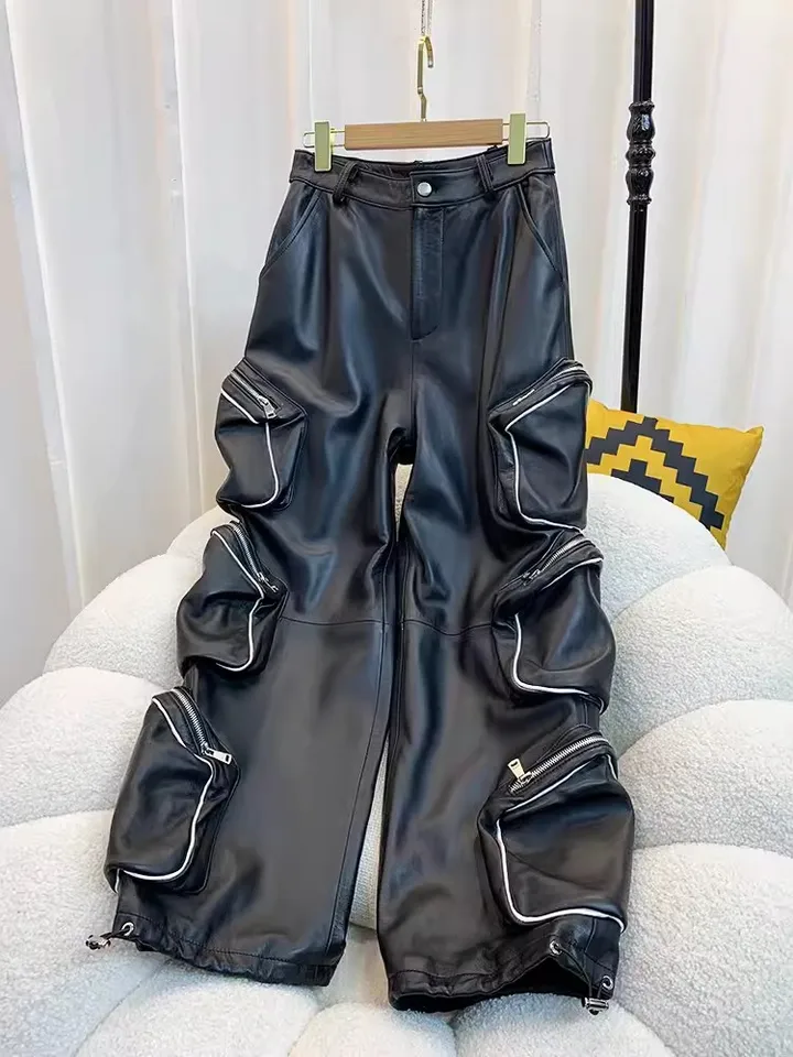 パンツ SHEEP LEATHER ONE TUCK EASY CARGO PANTS Fashion Women Multi Pocket Sheepskin Genuine Leather Cargo