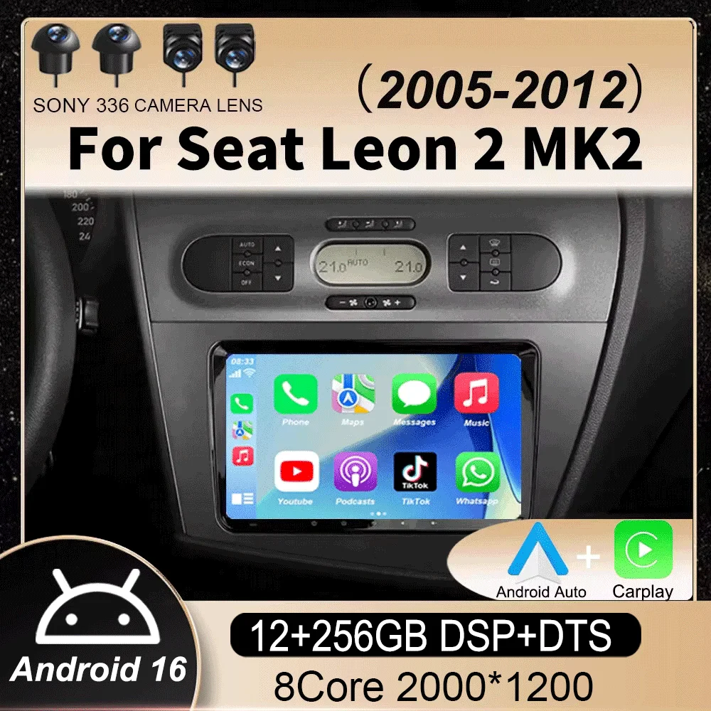 Radio para Auto Android 16 con Navegación GPS y Carplay para Seat Leon 2 MK2 2005-2012 Reproductor Multimedia de Video Estéreo DSP Cámara 360 Wifi 4G 1