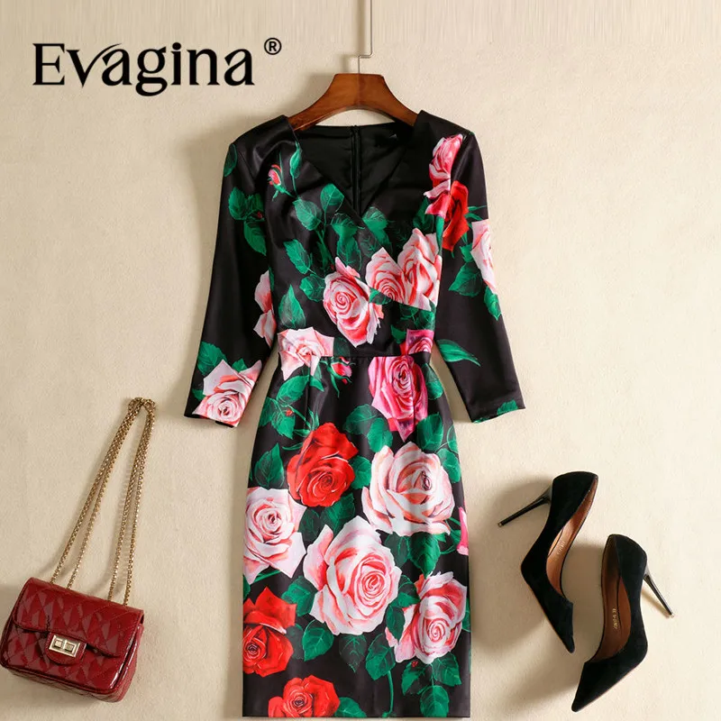 

Evagina New Fashion Runway Designer Dress Women's V-Neck Three Quarter Sleeved Rose Printing Pretty Slim-Fit Hip Wrap Dresses