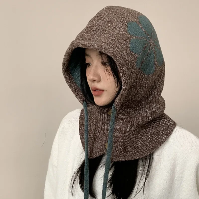 

Winter Warm Thicken Knitted Balaclava Hat Flower Pullover Hat Korean Neck Hat Scarf Integrated Ear Protection Woolen Couple Cap