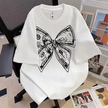 Summer Fashion Trendy Bow Printing Round Neck T-shirt Short Sleeve Large Size Universal Top for Men and Women 1