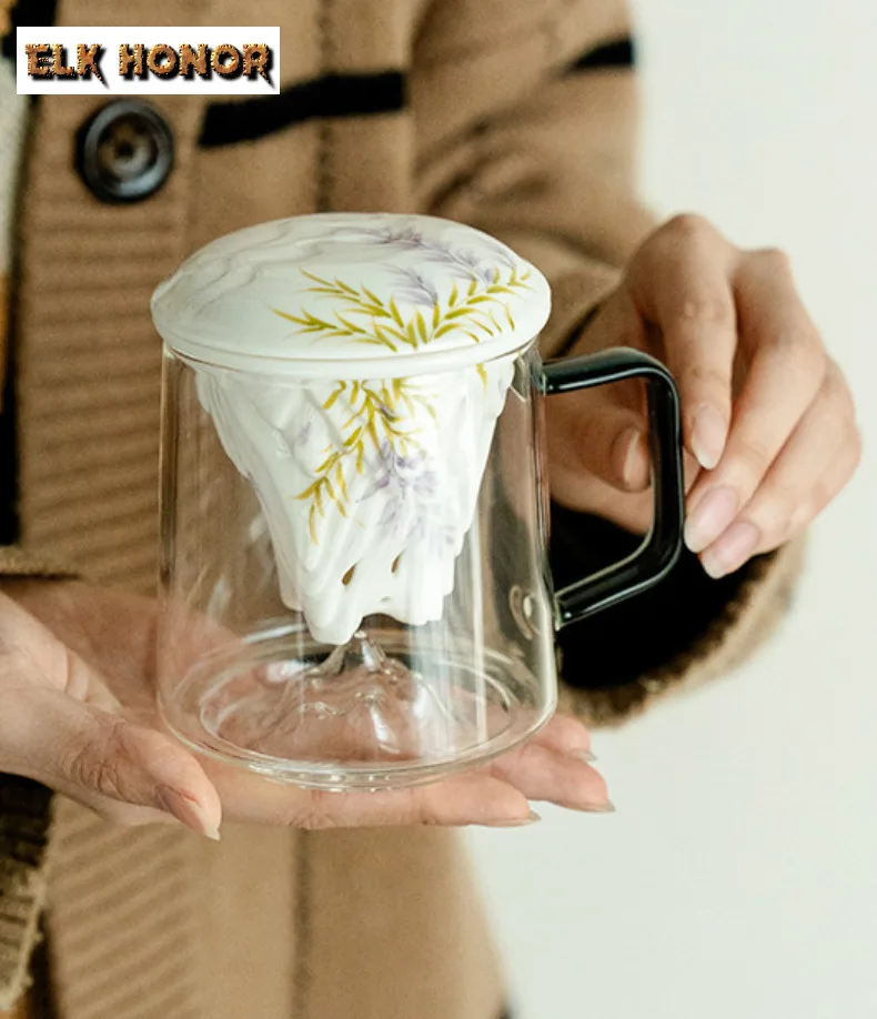 450ML Hand-painted Wisteria Flower Glass Filter Tea Separator Cup Distant Hills Tea Separation Mug With Handle Office Work Mugs