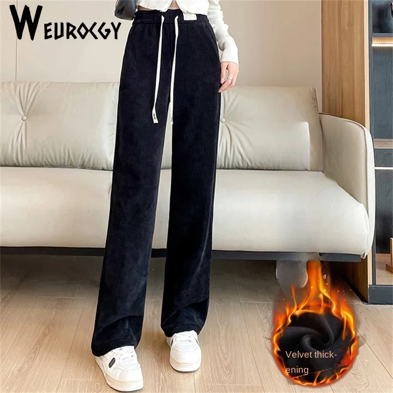 

Women's Pants 2023 Winter Y2K New Style Fashion Lace Up Pants Women Plus Velvet High Waist Straight Plush Warm Loose Trousers