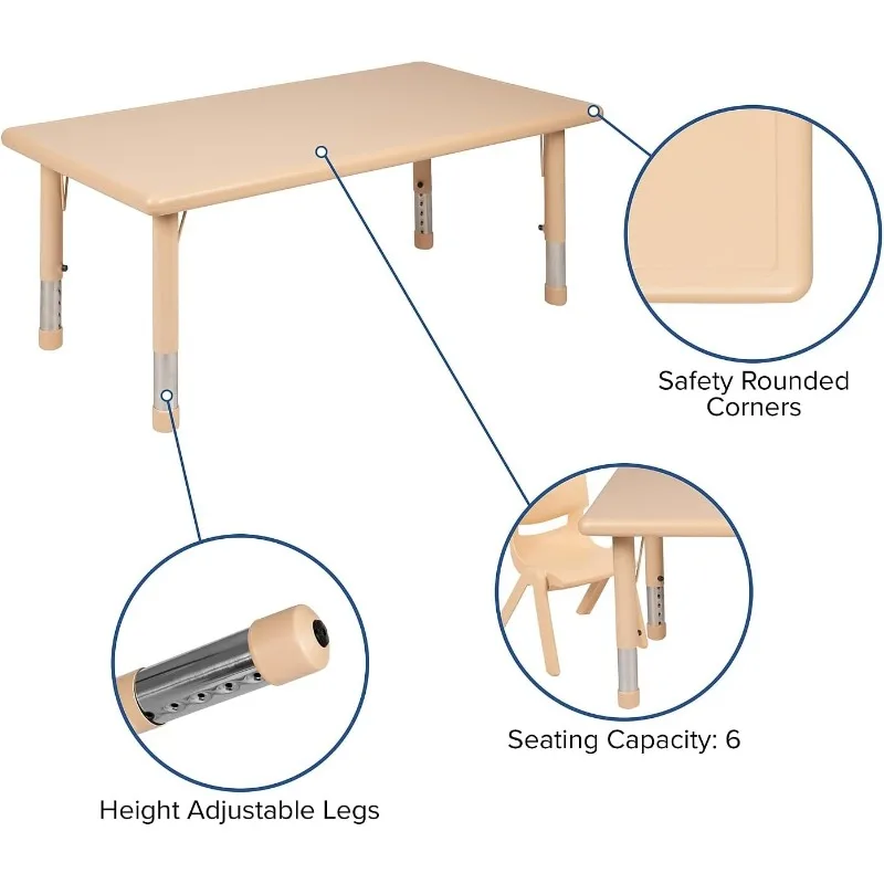 Adjustable Classroom Activity Table with 6 Stackable Chairs, Rectangular Plastic Activity Table for Kids, 24" W x 48" L, Natural
