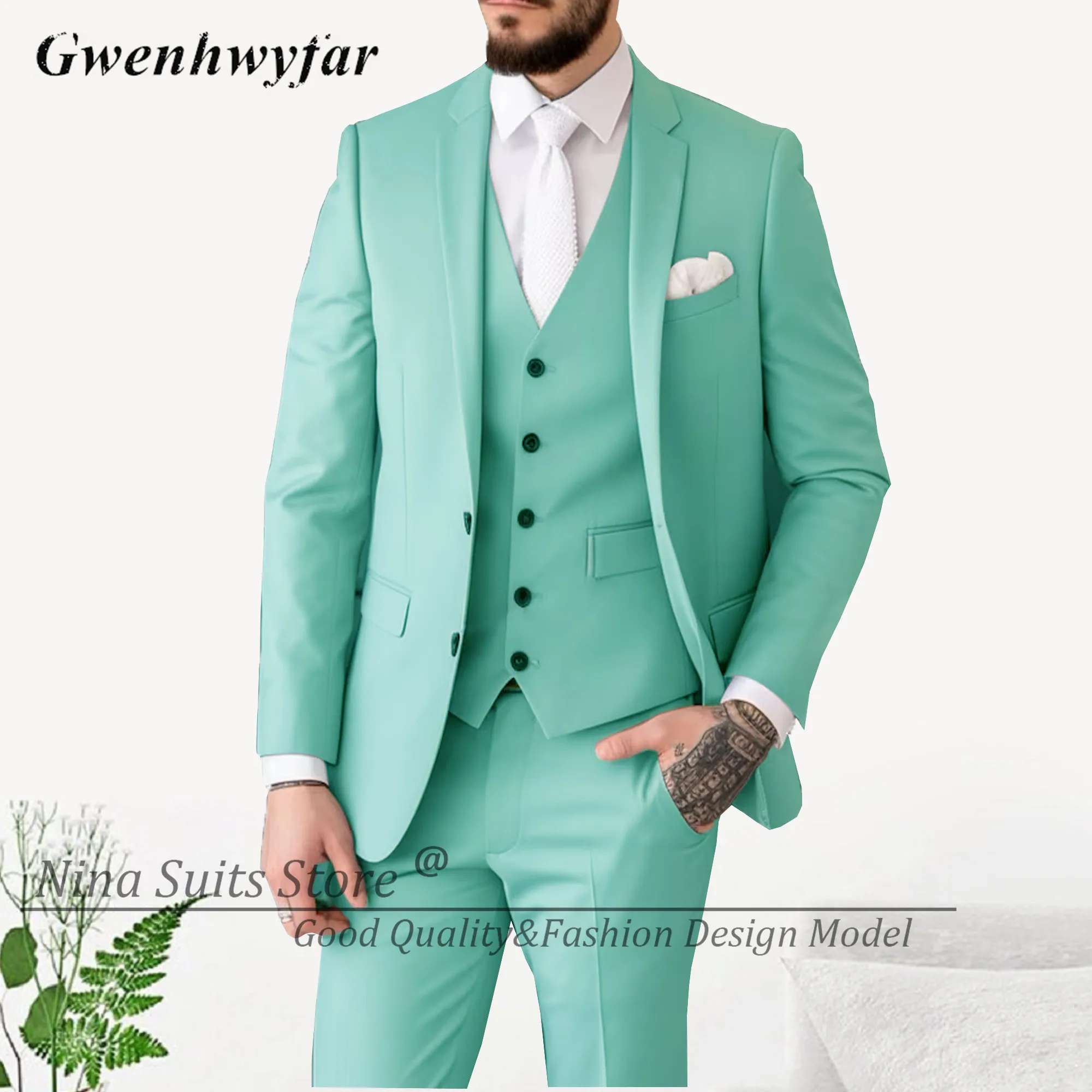 Men Two Button Suits Blazer Casual Style Business Notch Lapel Office Jacket Pant Vest Party Costume