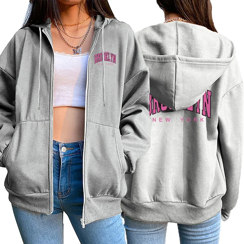 2025 New Trend Women's Long Sleeved Jackets High Quality Brooklyn Printed Zipper Hoodies Autumn Ladies Urban Casual Fashion Tops 5