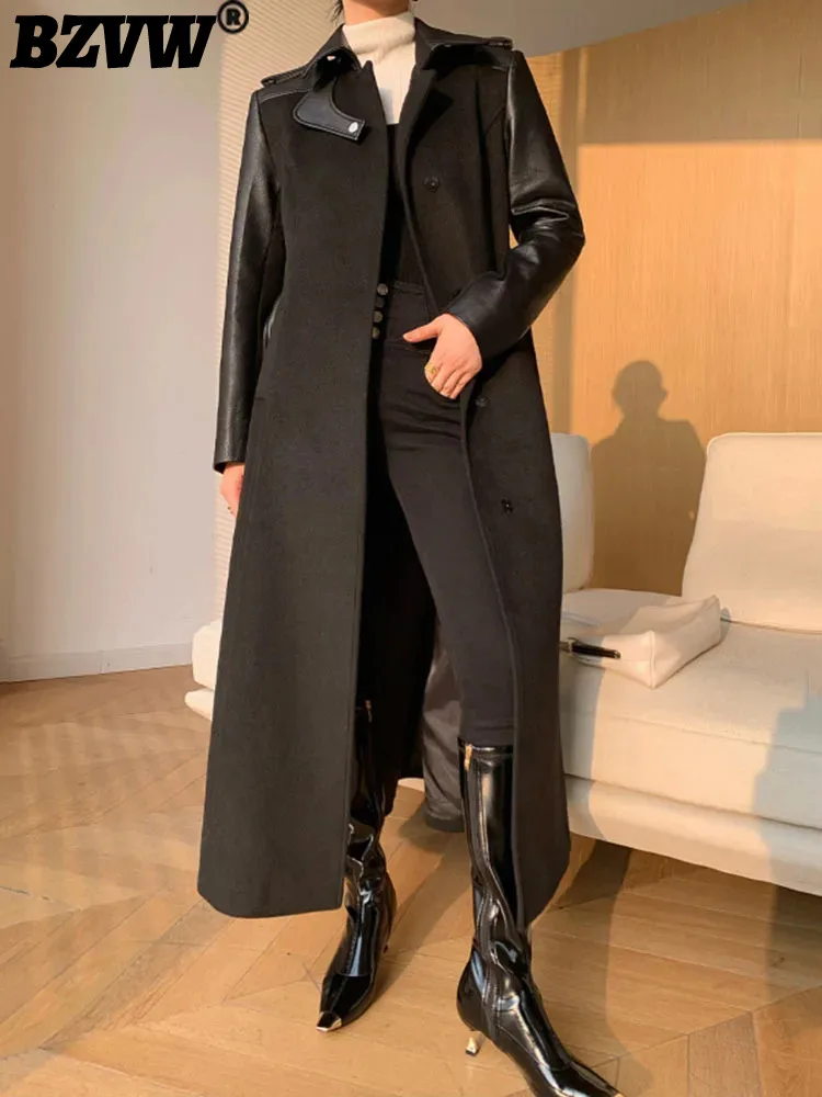 

BZVW Black Spliced Leather Woolen Coat For Women Clothing 2023 Winter New Lace-up Waist Mid-length Overcoat Female 25X4239