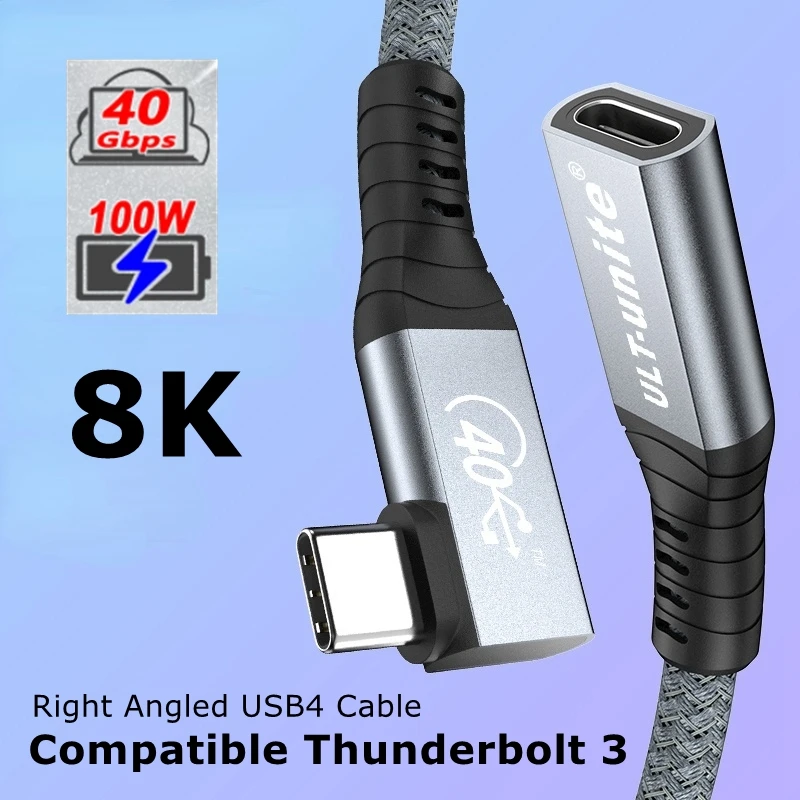USB4 케이블 90도 USB-C-암 USB-C TB3/4 호환 8K@60Hz 40Gbps 데이터 전송 PD100W 5A 고속 충전 남성-여성 Ada