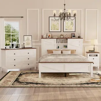 3-Piece Farmhouse Queen Bedroom Set – Bed & Storage Nightstands 1