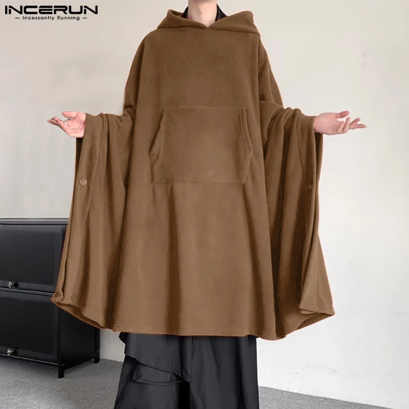 

INCERUN Tops 2023 Korean Style Mens Solid Mid Length Knee Length Design Hoodies Fashion Loose Fitting Batwing Sleeve Cape Hoodie