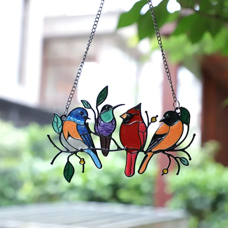 Colorful Metal Stained Glass Bird Panel Window Hanging Decor | Artistic Parrot & Birds Ornament with Wind Chimes