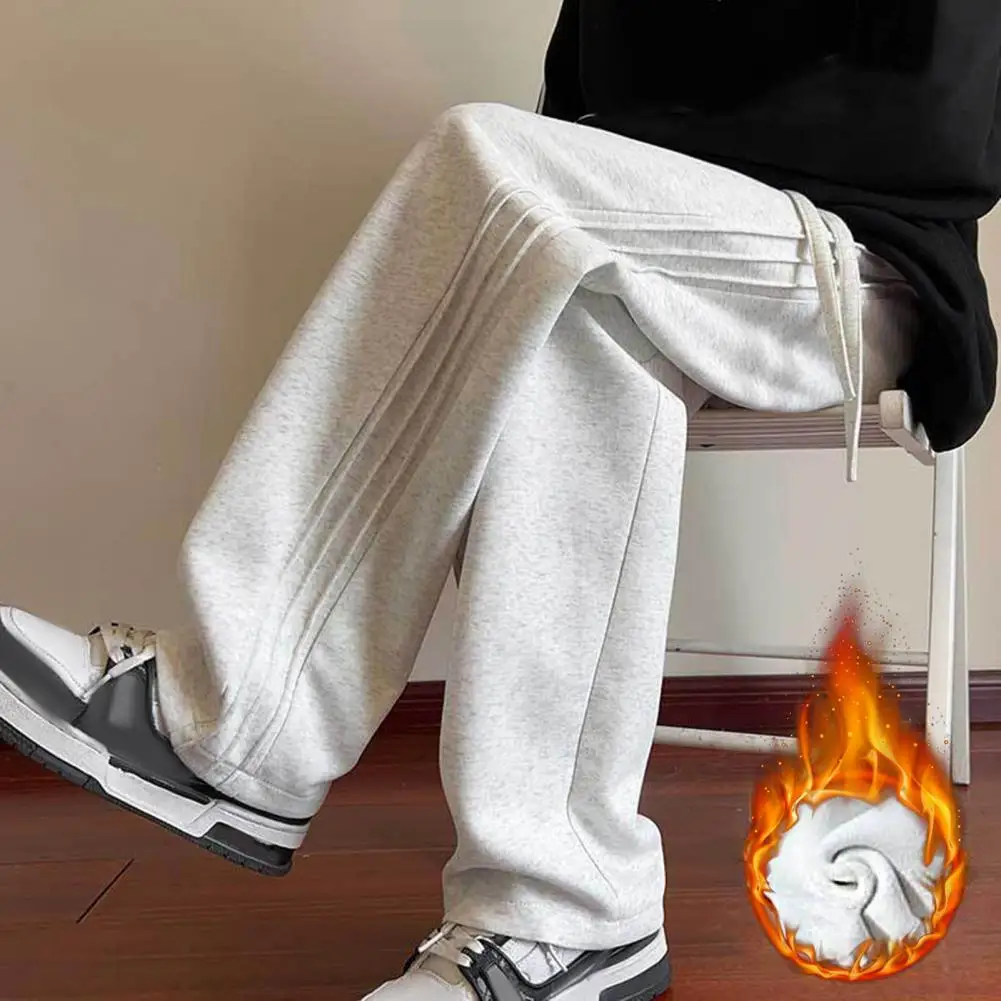 

Men Long Trousers Cozy Stylish Fall/winter Men's Sweatpants Striped Wide Leg Plush Warmth Elastic Waist Cold Weather Sweatpants