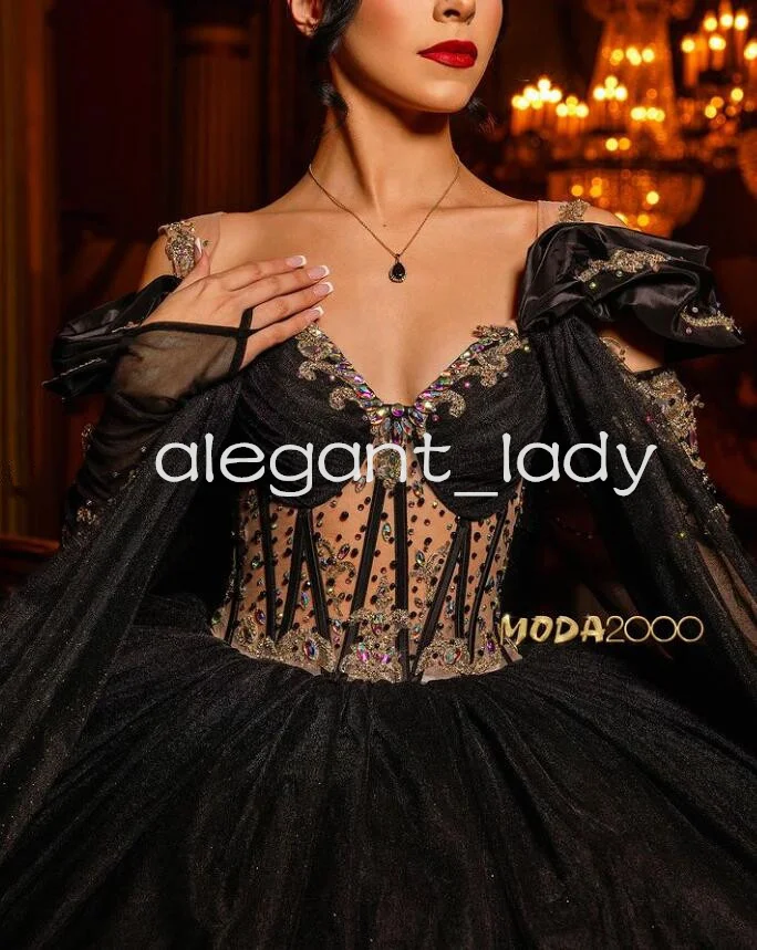 Sparkly Black Gothic Princess Quinceanera Dresses with Cape Off Shoulder Boning Corset vestido de 15 quinceañeras 2024 prom