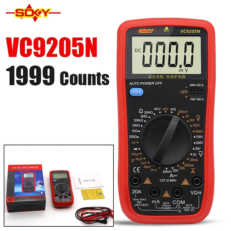 SDKY VC9205N 2000 카운트 디지털 멀티미터, AC/DC 전압 전류 테스..
