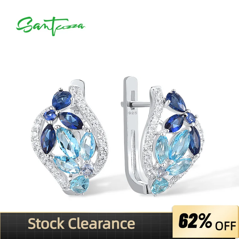 SANTUZZA 925 Sterling Silver Clip Earrings For Women Marquise Colorful Blue Stone White CZ серьги Latch Back Gifts Fine Jewelry