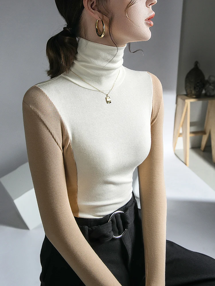 

High-neck Color-blocking Long-sleeved T-shirt Bottoming Shirt Women's Autumn and Winter New Harajuku Fashion Pullover Top