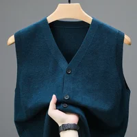 2024 Men's Sweater Vest Fashion Luxury Single Breasted Pullover Autumn Sleeveless Men Work Sweater Knitted Male Waistcoat Jumper