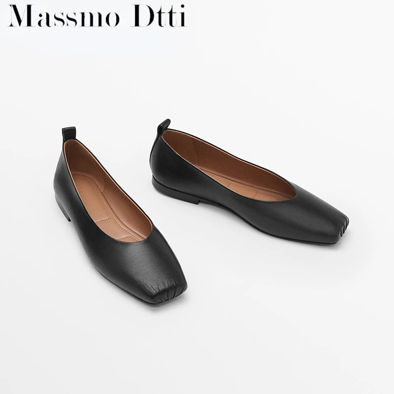 

2023 New Spring Summer Fashion Genuine Leather Square Head Flats Shoes Woman Solid Simple Casual Ballet Shoes Female