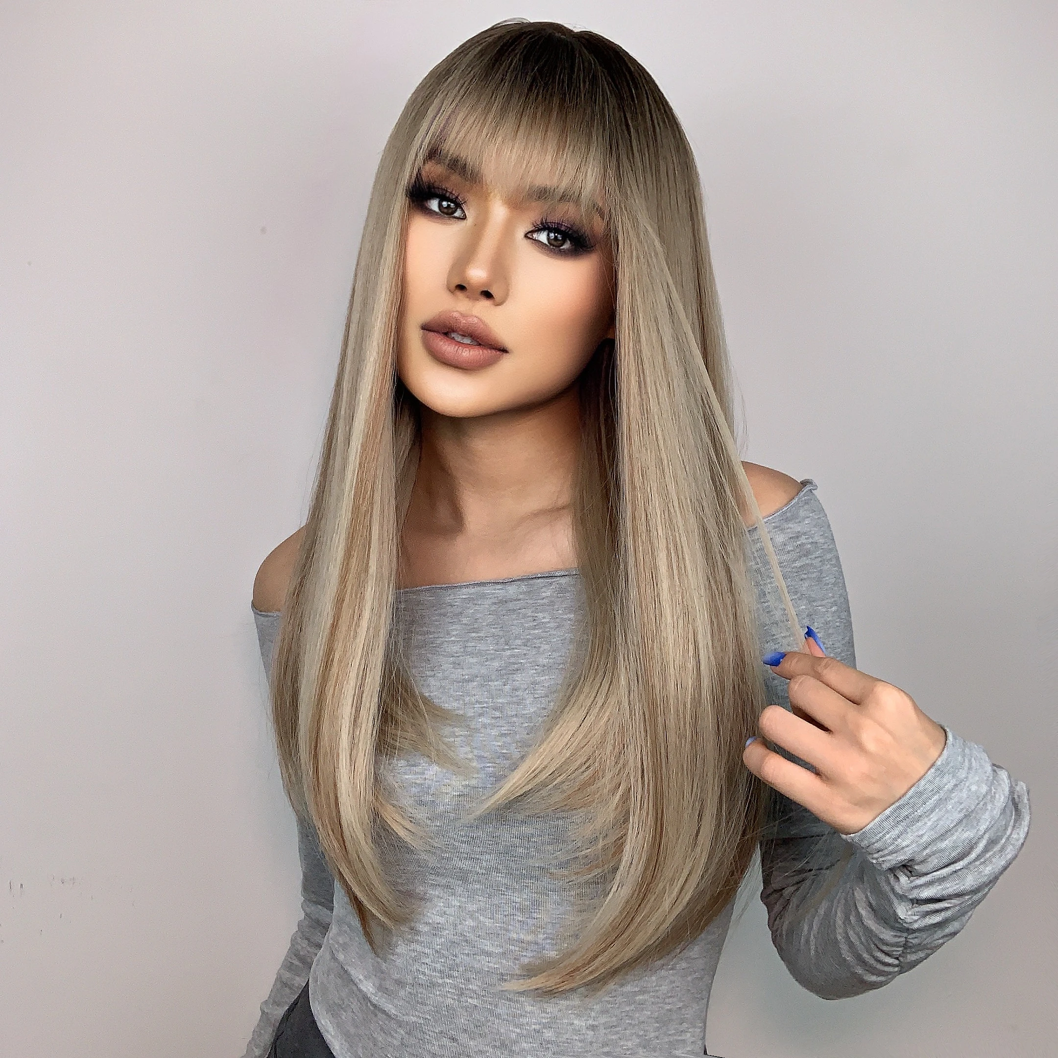 HENRY MARGU Long Straight Synthetic Wigs for Women Natural Brown Blonde Wig with Bangs Heat Resistant Cosplay Party Hair