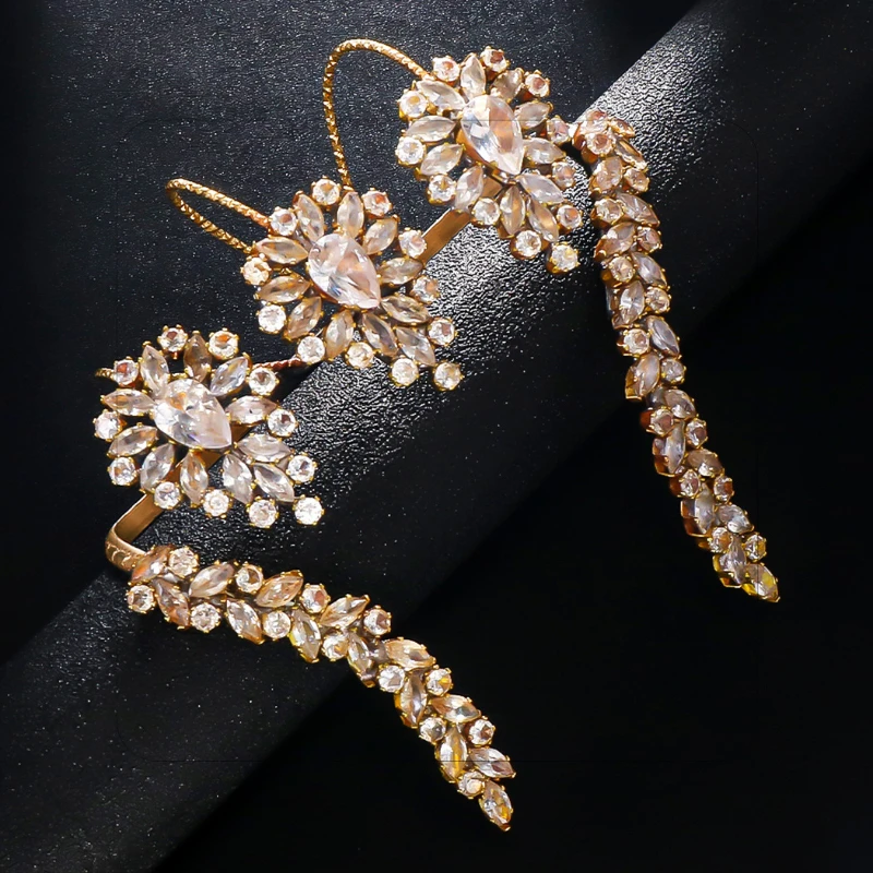Vintage Flower Bracelet for Women Adjustable Three-Finger Open Ring Jewelry 5A Cubic Zirconia Palm Cuff Bride Party Jewelry Gift 4