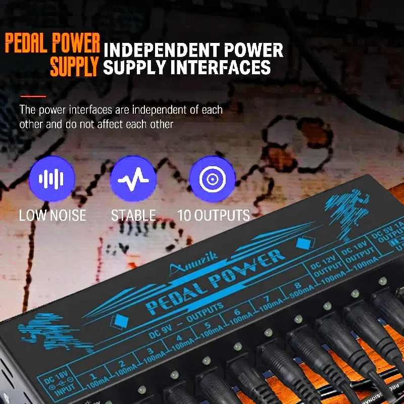 Amuzik Guitar Effector Pedal Power Supply 10 Isolated DC Output 9V 12V 18V Source Effect Pedalboard USB Port cellphone