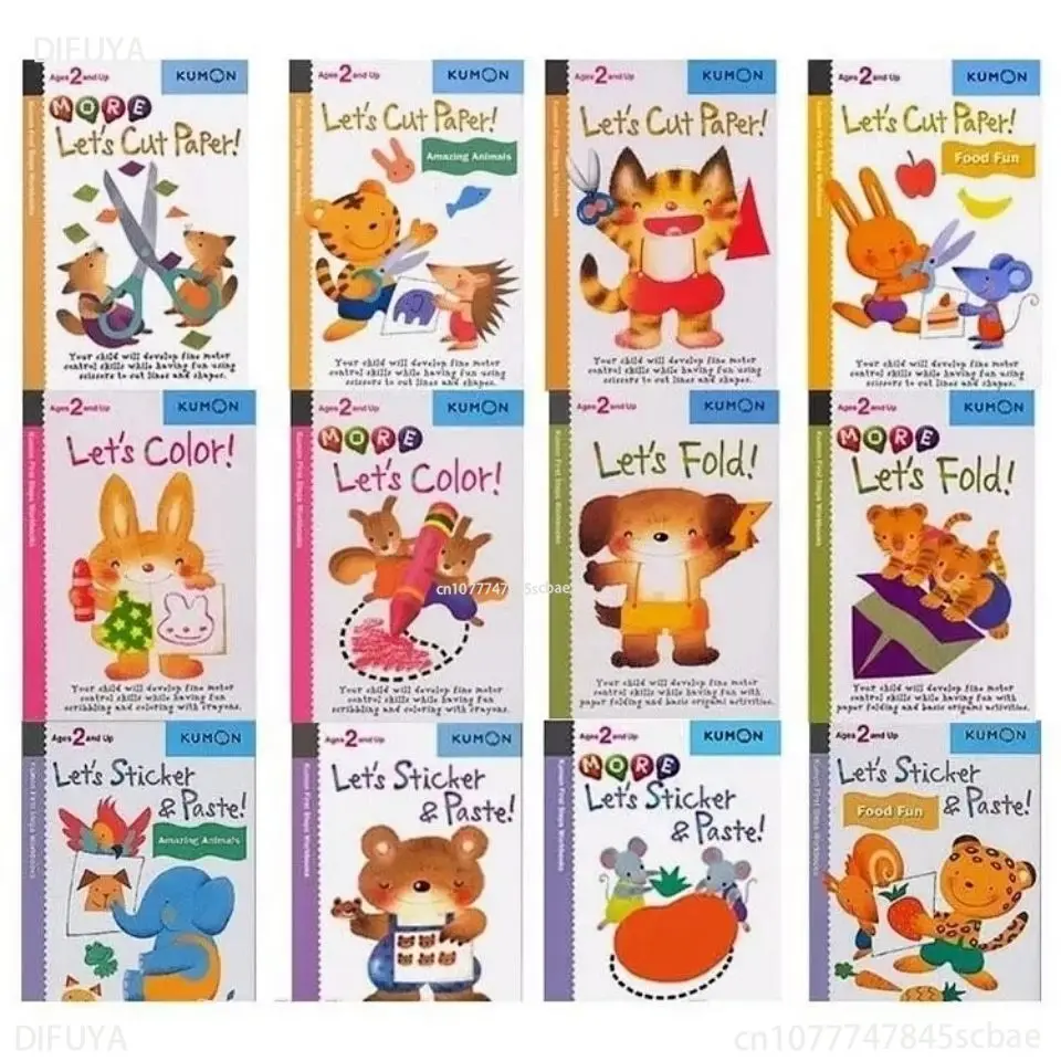 Random 6 Books Kumon Let's Cut Paper First Step Workbooks Picture Books for Children Origami Paper Cut Sticker Handmade Books
