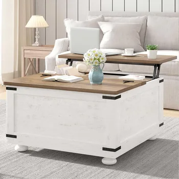 White Farmhouse Coffee Table with Storage, Square Lift Top Coffee Table with Hydraulic and Wood Gourd Feet for Living Room, Whit 6