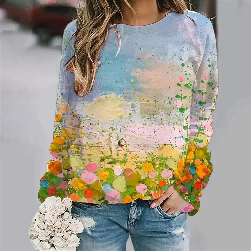 thumbnail image 1 of Nueva camiseta de manga larga con estampado gráfico de pintura al óleo para mujer, camiseta larga de calle con cuello redondo, camiseta holgada Y2k, 1 of 4