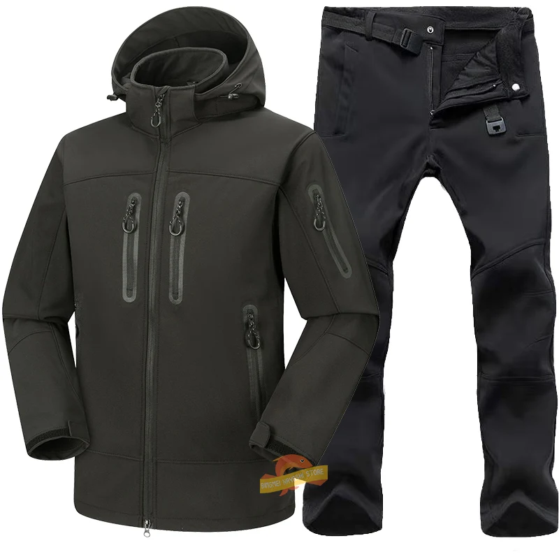 

2022 Autumn Winter Men's Waterproof Fishing Clothing Outdoor Camping Hiking Soft Shell Windbreaker Thickened Warm Fleece Suits