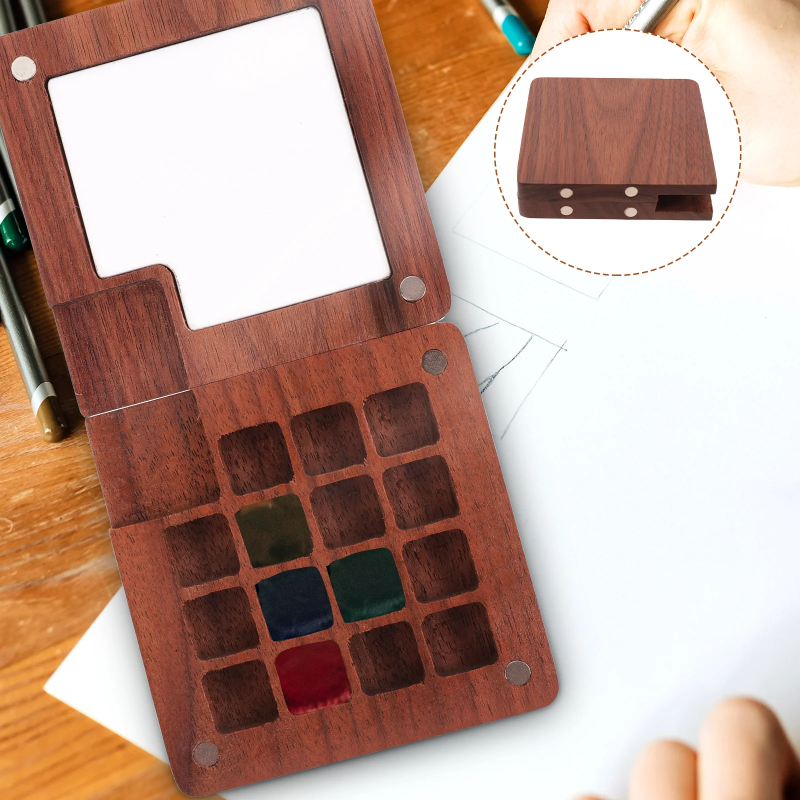 

Sketchbook Palette Wooden Watercolor Palette Box 15 Grids Travel Paint Tray Portable Tiny Watercolor Palette Watercolor Painting