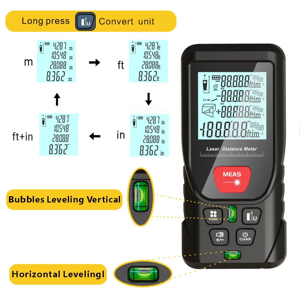 Laser rangefinder Distance meter Laser Meter Green Laser beam Digital Tape 50m 100m 120m Distance Meter 2 Bubbles Leveling High Accuracy Rangefinder