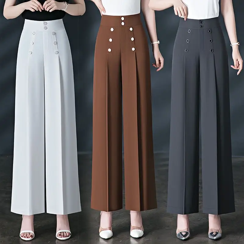 Fashion Summer Simple High Waist Casual Wide Leg Pants Women's Solid Patchwork Pockets Button Loose Versatile Straight Trousers