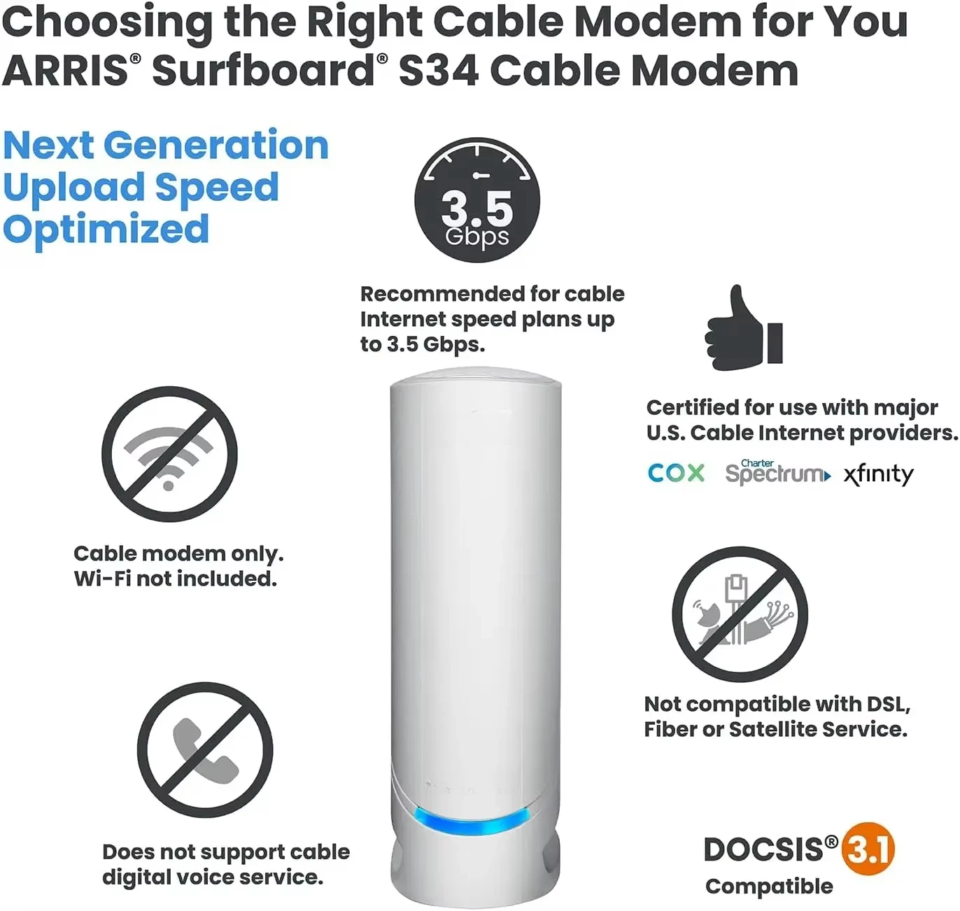 S34 DOCSIS 3.1 Multi-Gigabit Cable Modem Approved forSpectrum & More Next-Generation Upload Speed Optimized