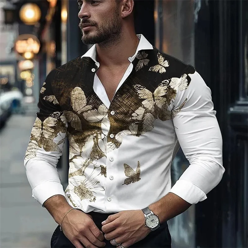 thumbnail image 1 of Camisa de negocios con estampado 3D de mariposas 2024 para hombre, camisa de manga larga con solapa y estampado de mariposas de alta calidad, cómoda y suave para hombre 5XL, 1 of 5
