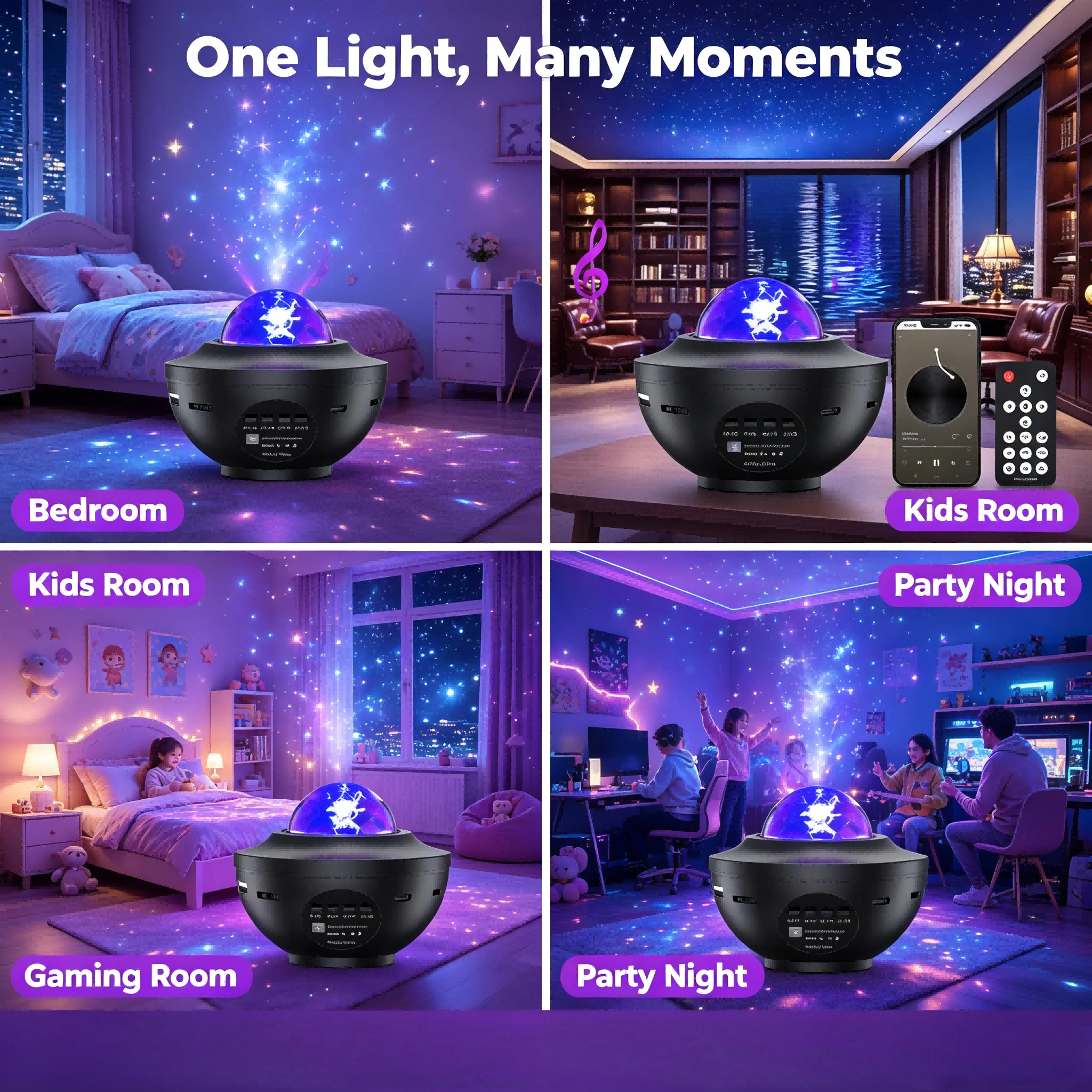 Proiettore di Stelle Galattiche con Bluetooth e Telecomando, Lampada Notturna con Effetto Onde Oceaniche per Camera da Letto e Illuminazione Atmosferica per Feste - immagine 2