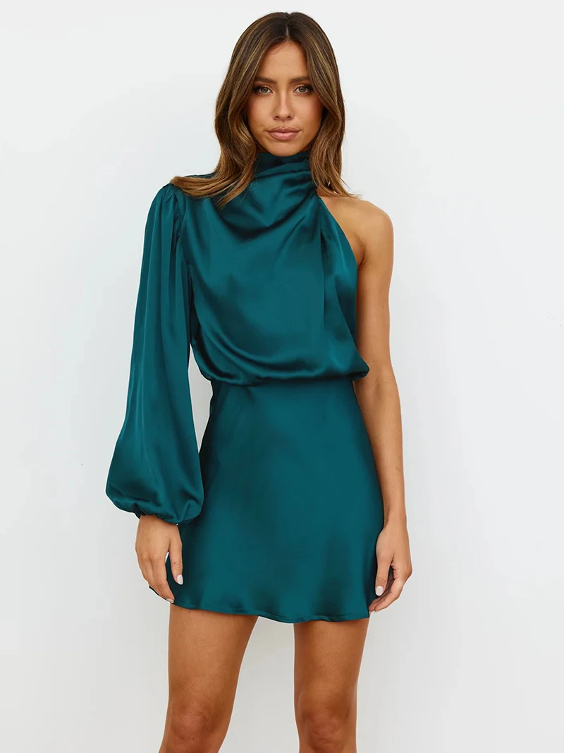 Satin One Shoulder Long Sleeve Mini Dress 25