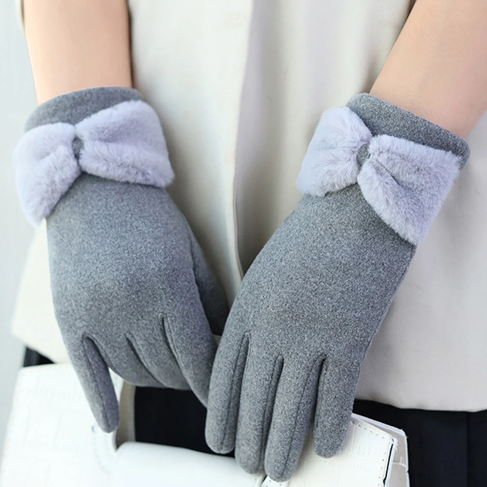 

Hot Women Sport Cycling Drive Gloves Plus Velvet Gloves Outdoor Plush Bow-knot Touch Screen Gloves Furry Full Finger Mittens